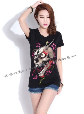 iron fist 新款铁拳 个性骷髅 女款黑色纯棉九色龙头打底衫