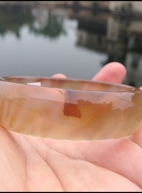 店家收藏 巴西冰透稀有金丝原色无烧玛瑙手镯水润圆滑高档礼品97