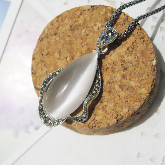 泰国925纯银泰银吊坠 猫眼石吊坠项链 水滴吊坠 水波荷叶边 女