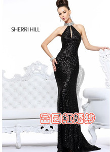 定做sherri hill 挂脖奢华钉钻露背鱼尾晚礼服 走秀礼服车模礼服