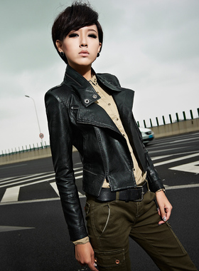 橡菲2014春装新款欧洲站修身短款皮夹克小外套女装军旅PU女式皮衣