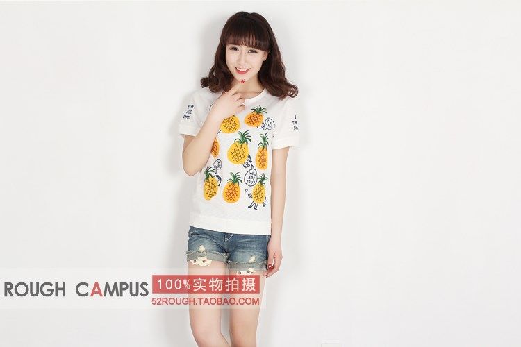 rough夏装外贸原单日单短袖t恤森女系宽松半袖休闲潮可爱刺绣菠萝