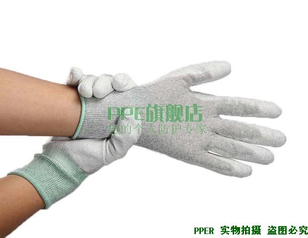 针织灰色碳纤维PU涂掌尼龙布涂指无尘洁净透气防滑工作防静电手套