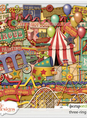 剪贴PNG素材 可爱卡通马戏团气球帐篷摩天轮门票根汽水星背景Y663