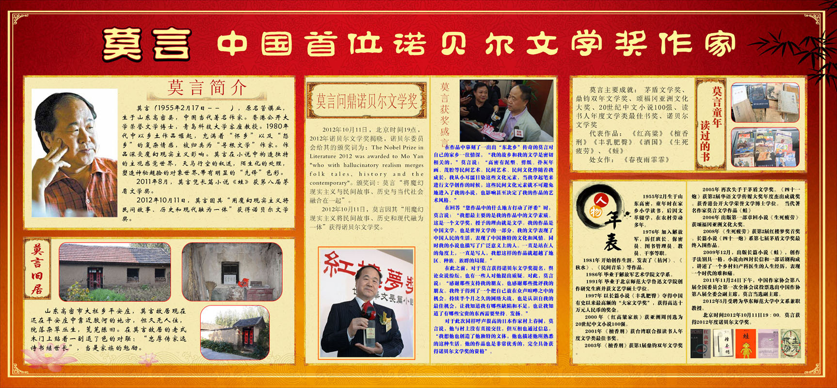 655海报印制定制展板素材833莫言简介诺贝尔文学奖作家宣传栏