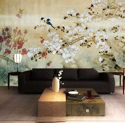 客厅电视墙背景兰花古典字画墙纸枝头花鸟图壁纸大型工笔国画壁画,家装主材,定制壁画,淘宝优惠券,粉丝福利购,淘宝优惠卷