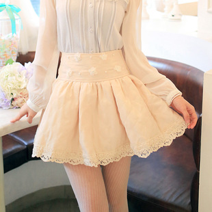 花炮大叔百搭甜美蓬蓬短裙裤纯色格珍珠花朵花边高腰裙裤