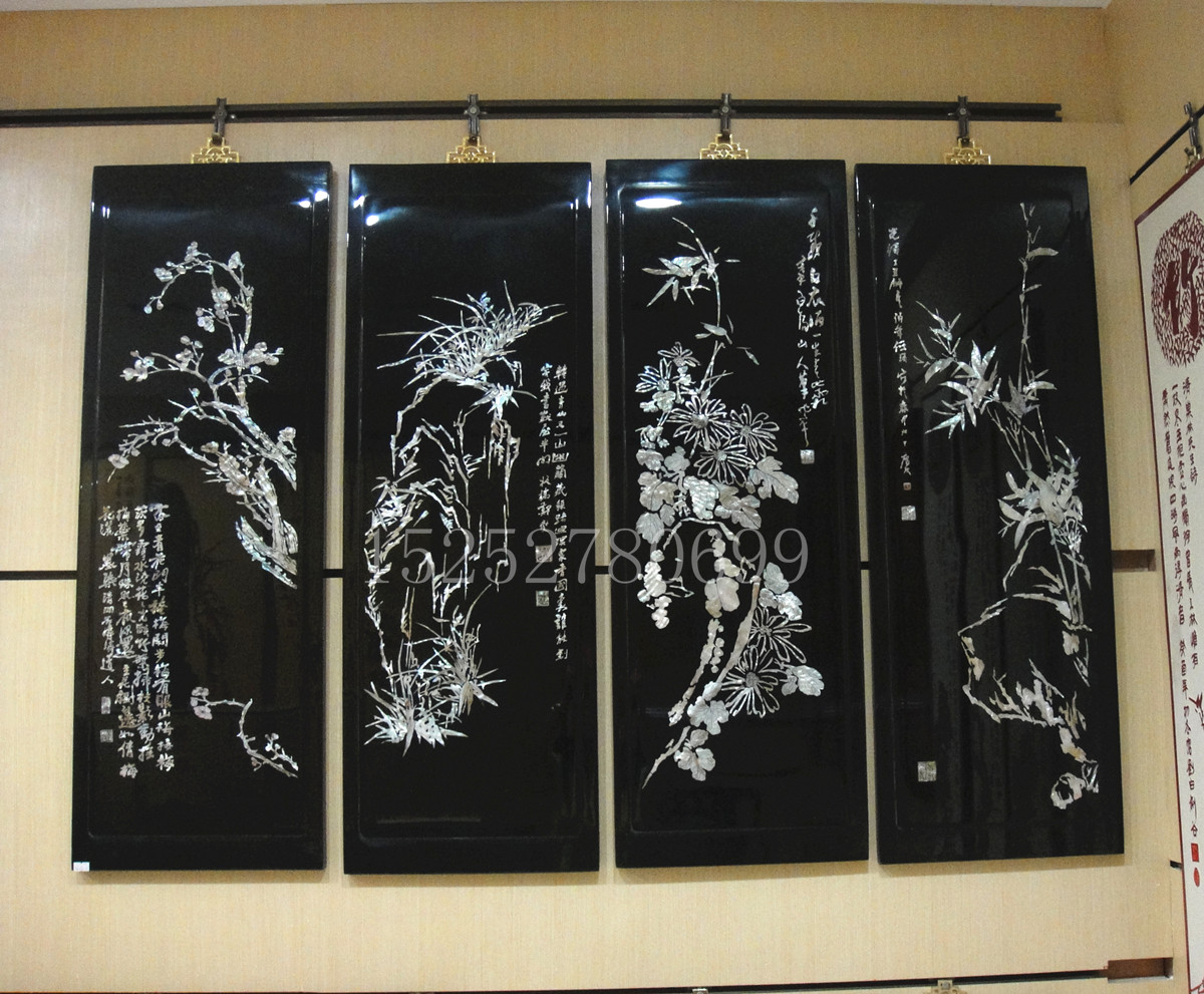 扬州漆器 厂家*明清中式古典*挂屏装饰屏*螺钿黑底梅兰竹菊