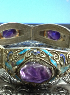 天然紫水晶古董纯银孤品手镯