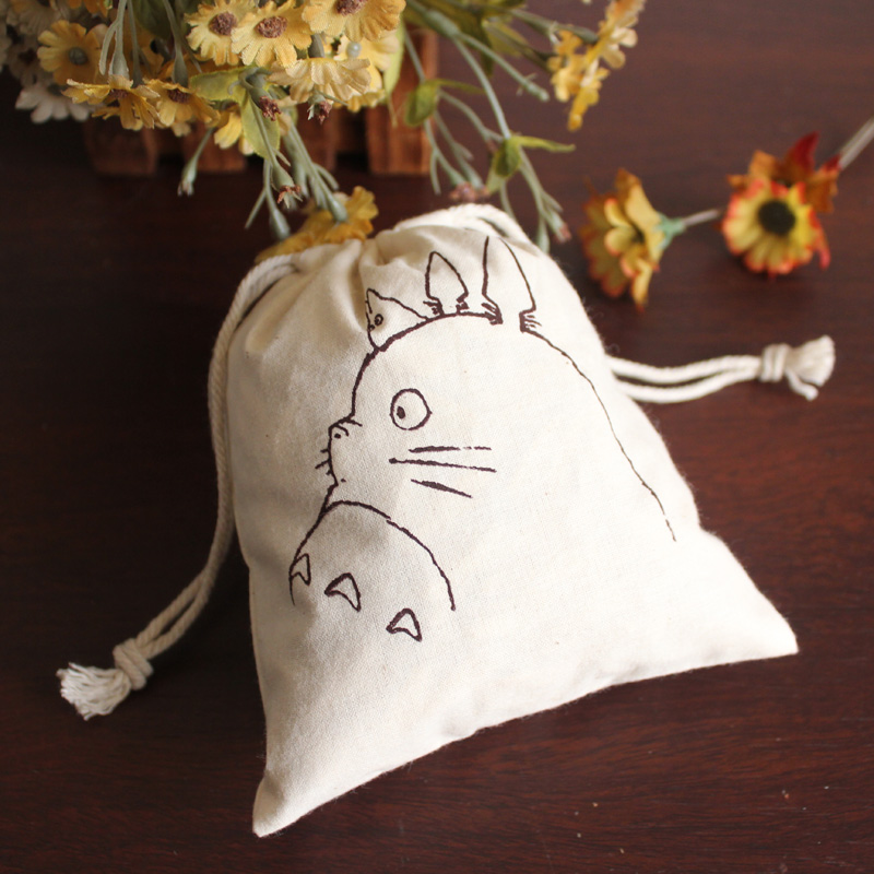 布语自制/手工棉麻布袋收纳袋束口袋抽绳袋整理袋龙猫图可定制