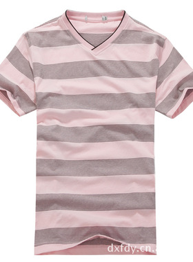 A145粉红色夏季男款条纹V领男短袖T恤/专柜正品时尚男装