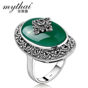 Thai Thai silver jewelry 925 Silver Green agate wide European and American popular retro ring rings women