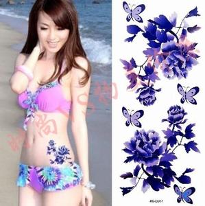 纹身贴纸防水女红紫色牡丹花蝴蝶D015满28包邮满十送一