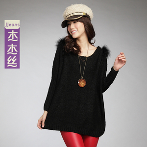 美悠5 杰杰丝女装 韩版拼接毛毛肩宽松领针织衫长版 时尚春装新