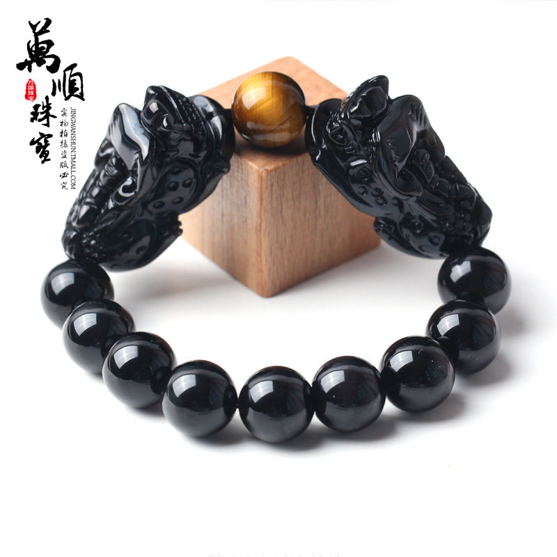 晶万顺正品黑曜石双貔貅手链男款天然水晶手串生日礼品情人节礼物