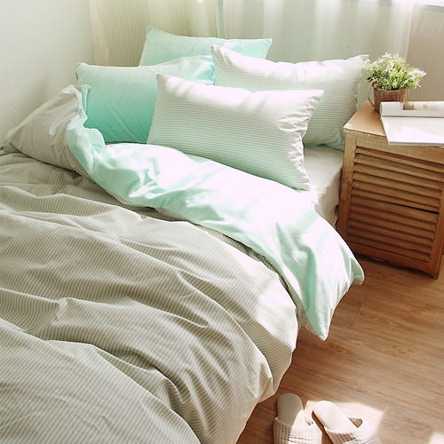 NANAROOM韩国进口薄荷纯绿棉条纹配绿绒三件套床品[两枕套+被套]