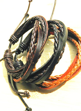 韩版复古英伦风多层手工编织皮绳