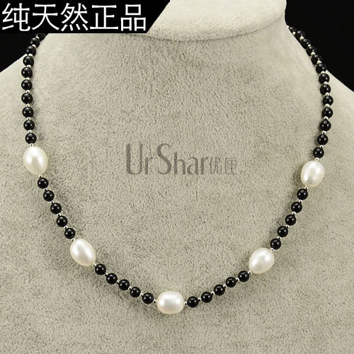 天然真宝石混搭项链 淡水天然白珍珠项坠链子 黑玛瑙青金石欧美风
