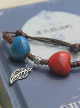 陶瓷爱心招桃花树叶可调节手链