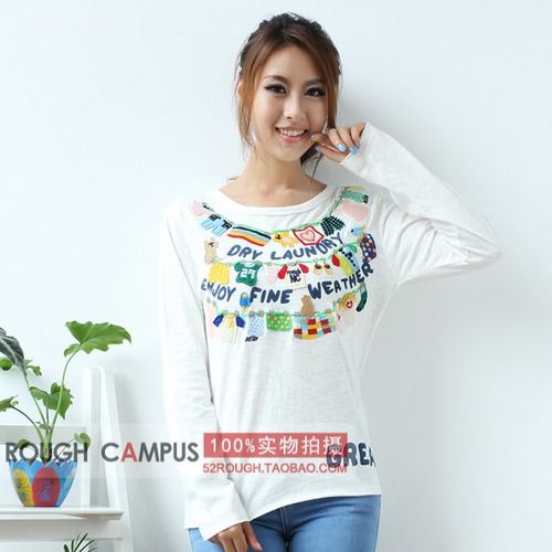 rough2024春秋长袖T恤外贸打底衫上衣宽松森女日系可爱刺绣晾衣绳