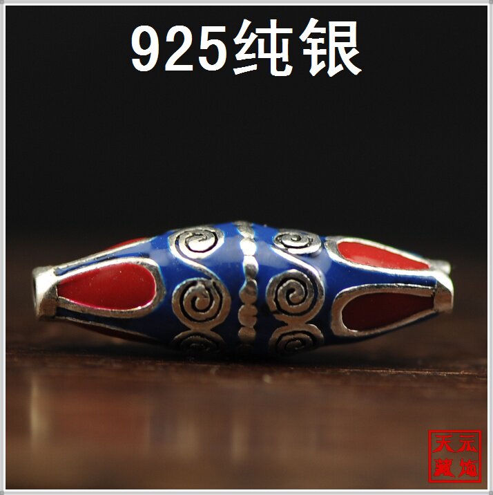 425【925纯银】对孔25mm纯银雕花景泰蓝隔珠散珠 佛珠DIY配饰配件