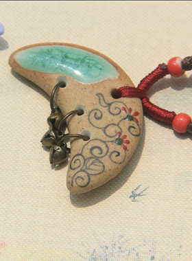 复古色陶瓷手工彩绘月牙方块吊坠