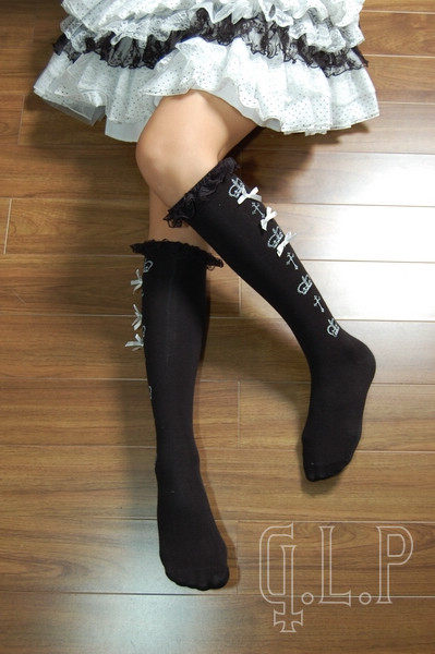 GL P蕾丝边皇冠蝴蝶节哥特KERA洛丽塔袜子310动漫人物黑色