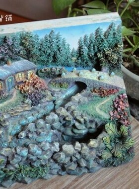 样品立体树脂彩绘乡村风假山流水