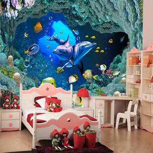 3D海底世界壁纸 儿童房卧室海洋主题墙纸 海边假日酒店卧室壁画