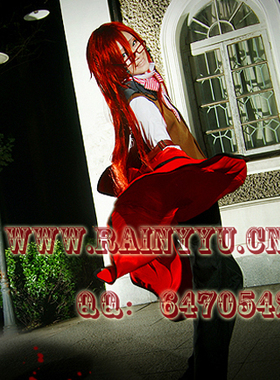 现货！cosplay黑执事红死神 红色高温丝一米长蓬松反翘带造型假发