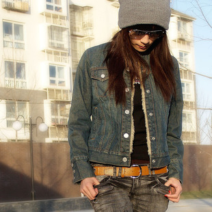 美国羊羔加绒内里个性加厚保暖女士牛仔立领式纯棉短款夹克外套