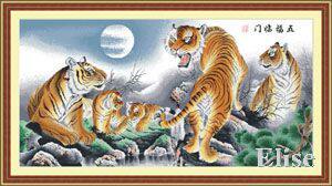 十字绣高清彩色印刷图纸动物DW014五福临门13776五虎cross stitch