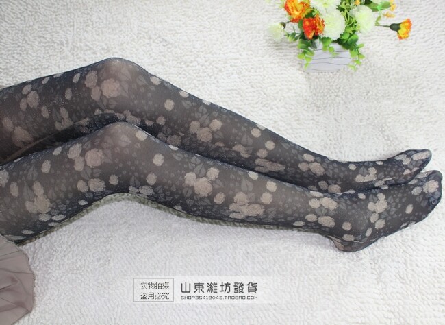20D心宇薄款透肉丝光银葱连裤袜子  田园复古小玫瑰花印花丝袜