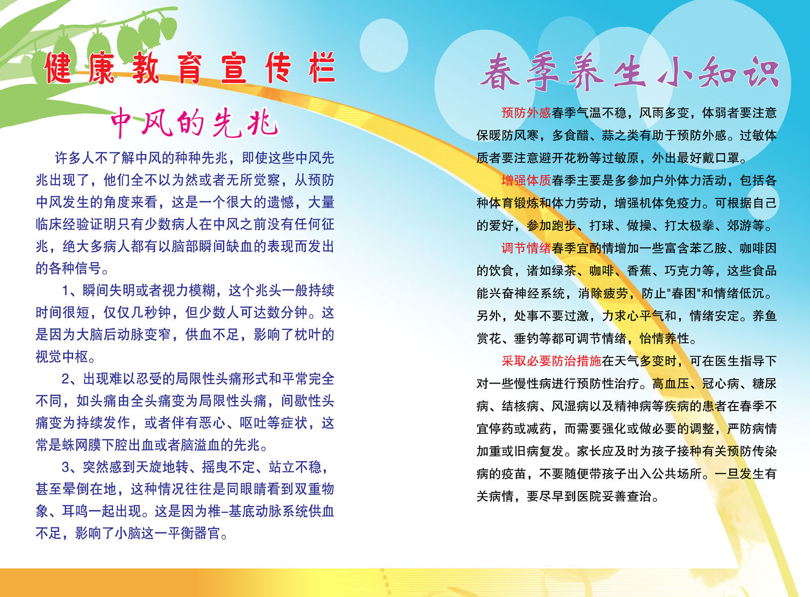 海报印制208展板1118 健康教育宣传栏中风的先兆春季养生小知识