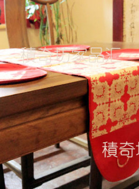 热卖红色喜庆桌布中式装修电视柜茶几布垫新年礼品印花棉布长桌旗