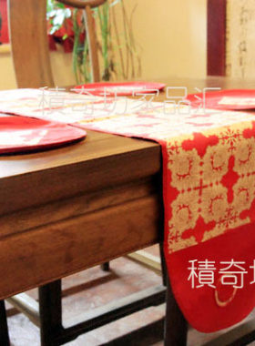 热卖红色喜庆桌布中式装修电视柜茶几布垫新年礼品印花棉布长桌旗