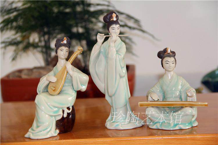 摆件家居饰品唐朝歌女琵琶女吹笛女古筝女精品石湾公仔雕塑作品