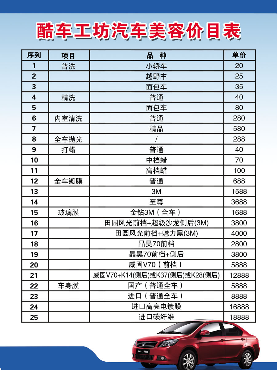 704海报印制海报展板写真喷绘贴纸素材412汽车美容价格牌