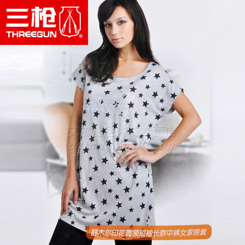 春夏新款98三枪舒木尔印花圆领短袖中裤女士家居服套装80464D0