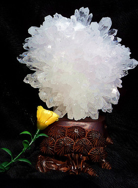 鳌犷天然白水晶簇 白水晶柱摆件底座是天然红木190*150MM1.4kg