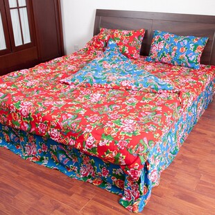 东北大花布四件套:凤凰牡丹红蓝两面