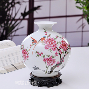 送底座 景德镇陶瓷器 鸟语花香 水点桃花石榴花瓶 家居摆设饰品