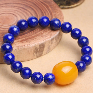 天然青金石手链 配蜜蜡琥珀手串 单圈帝王青金石圆珠手链