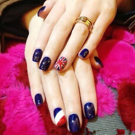 捷润亚手工定做光疗甲片宝蓝色美甲成品国旗假指甲贴片长短款包邮