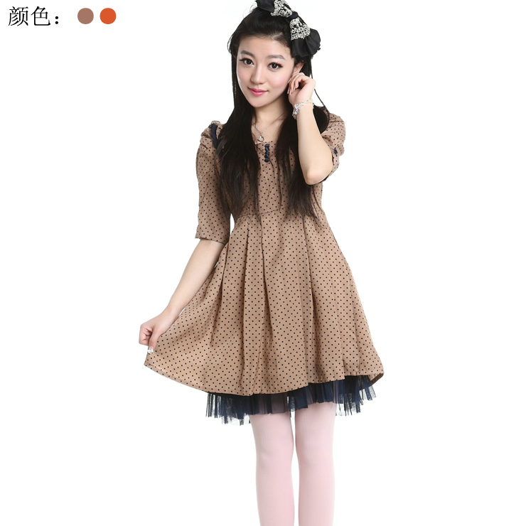 品牌撤柜依言甜美波点蕾丝荷叶边泡泡中袖蓬蓬大摆连衣裙特H8013