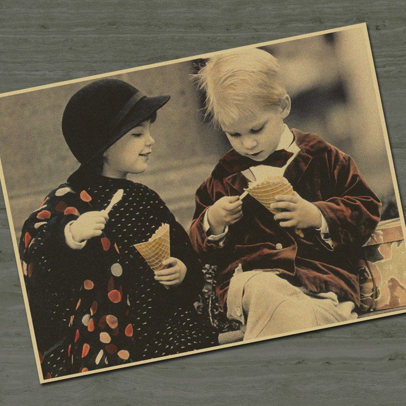 童年 儿童小美女写真怀旧复古牛皮纸海报 酒吧咖啡店装饰画芯贴画