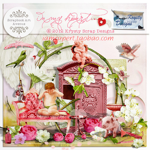 欧美剪贴PNG素材 爱情天使心形箭小鸟小猪小花家具背景素材Y1021