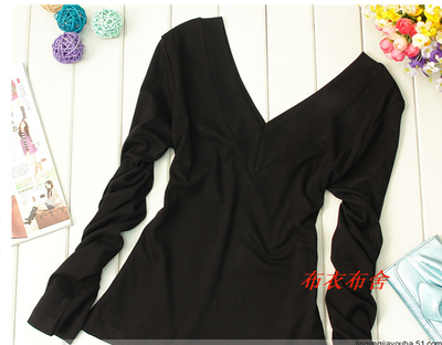 女士纯棉加肥加大韩版修身显瘦低胸大V领长袖百搭打底衫量身定做