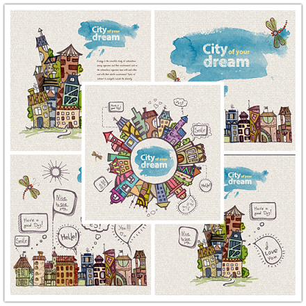 矢量设计素材 可爱彩色手绘水彩城市建筑房屋 EPS格式源文件