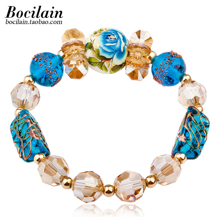 奥地利水晶蓝色水晶手链民族风手绘珠琉璃手串高级感手镯生日礼物